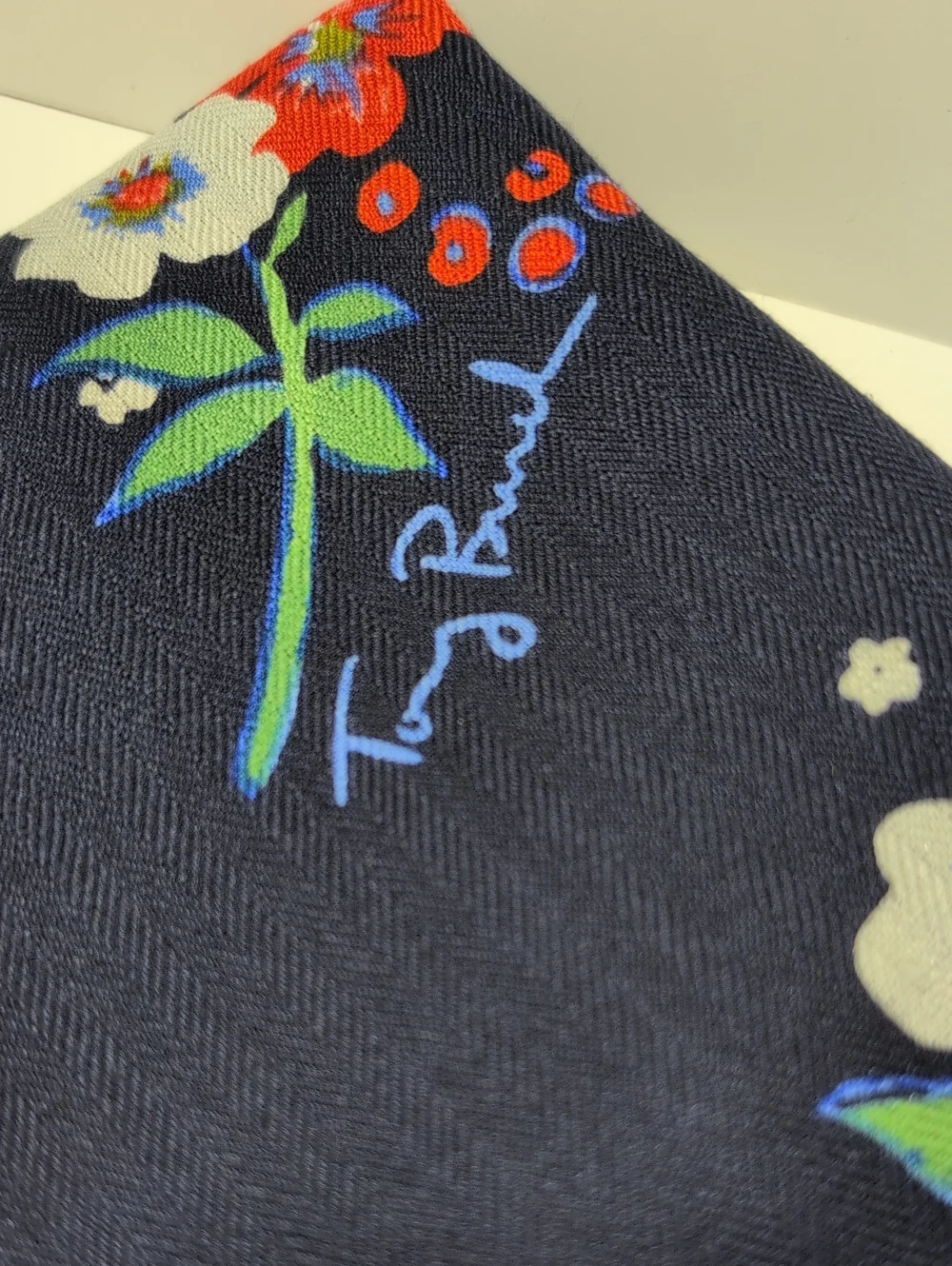 Tory Burch Navy Floral Oversized Scarf with Fringe